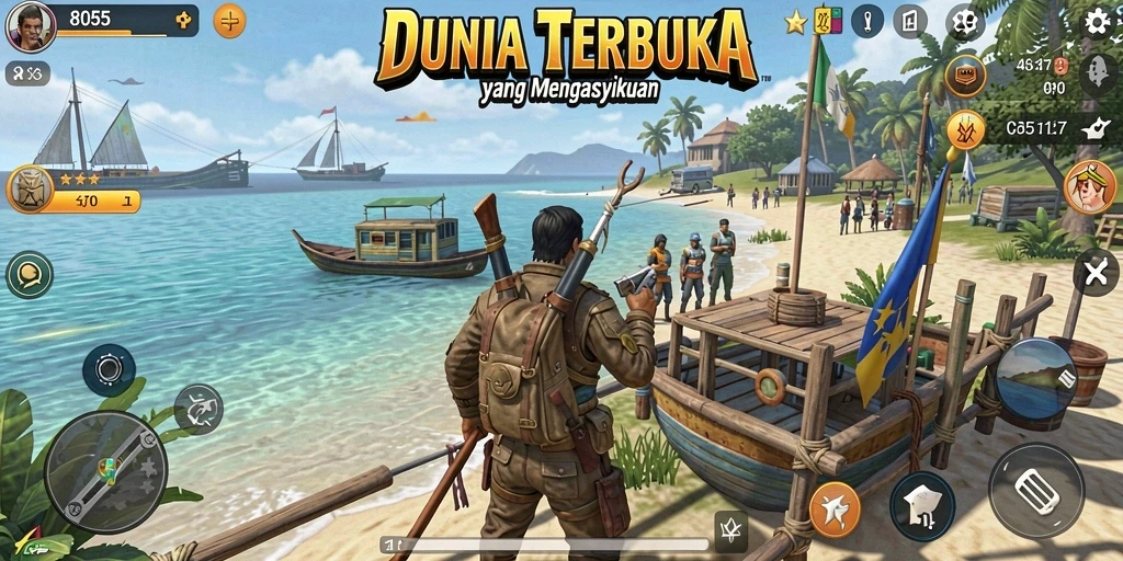 Screenshot gameplay 8055 menampilkan aksi eksplorasi di dunia terbuka.