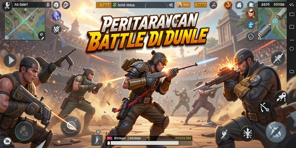 Tangkapan layar utama A7777 menunjukkan aksi pertarungan dalam mode Battle Royale.