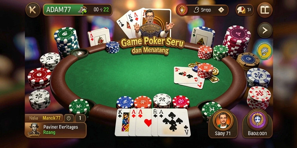 Tampilan gameplay seru di ADAM77 dengan berbagai mode poker.