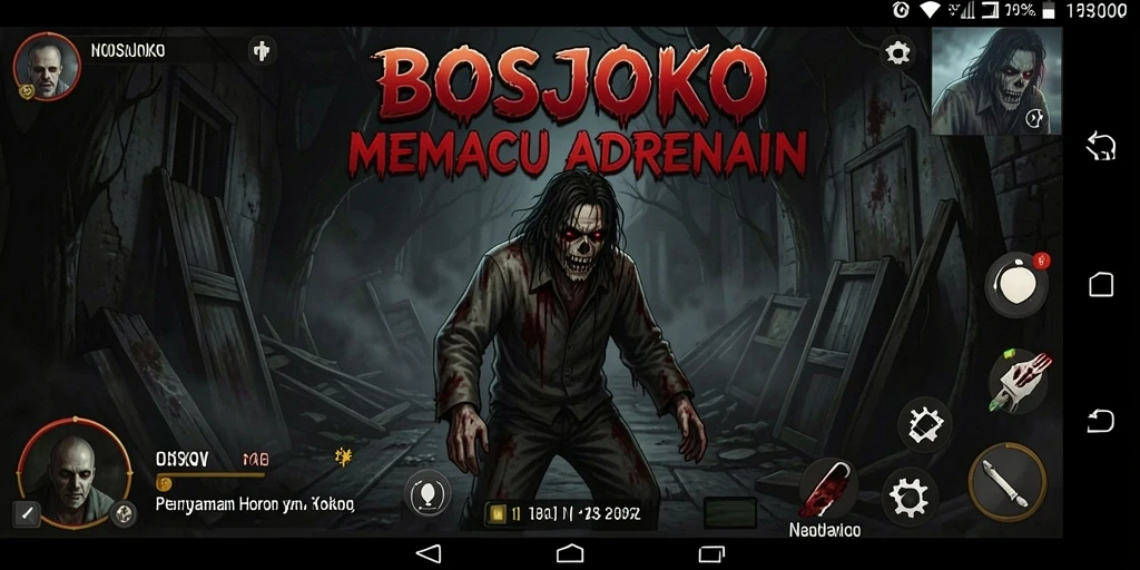 Screenshot gameplay BOSJOKO menampilkan suasana gelap dan menakutkan.