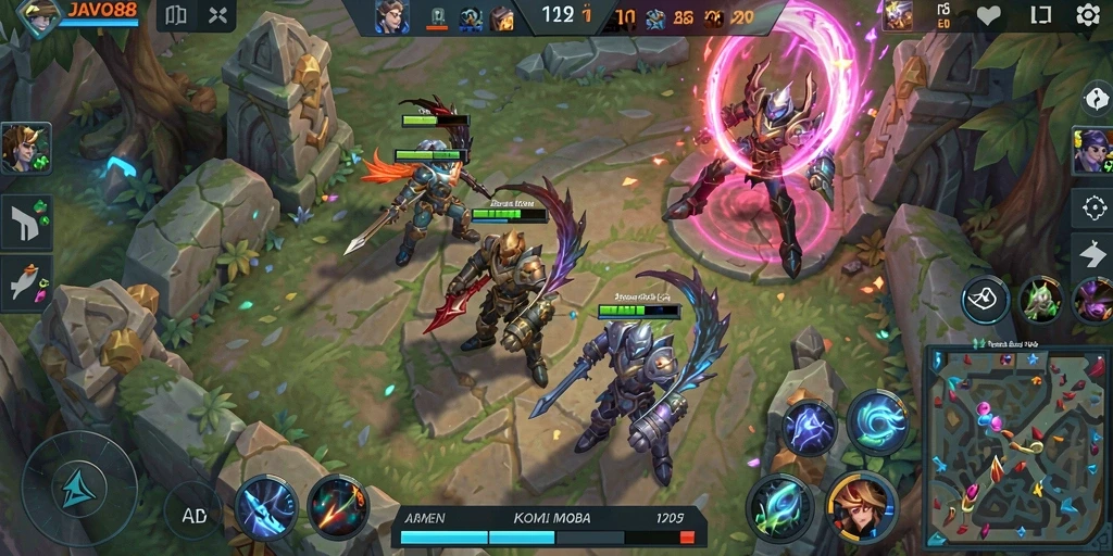Tangkapan layar utama menampilkan aksi gameplay MOBA yang mendebarkan.