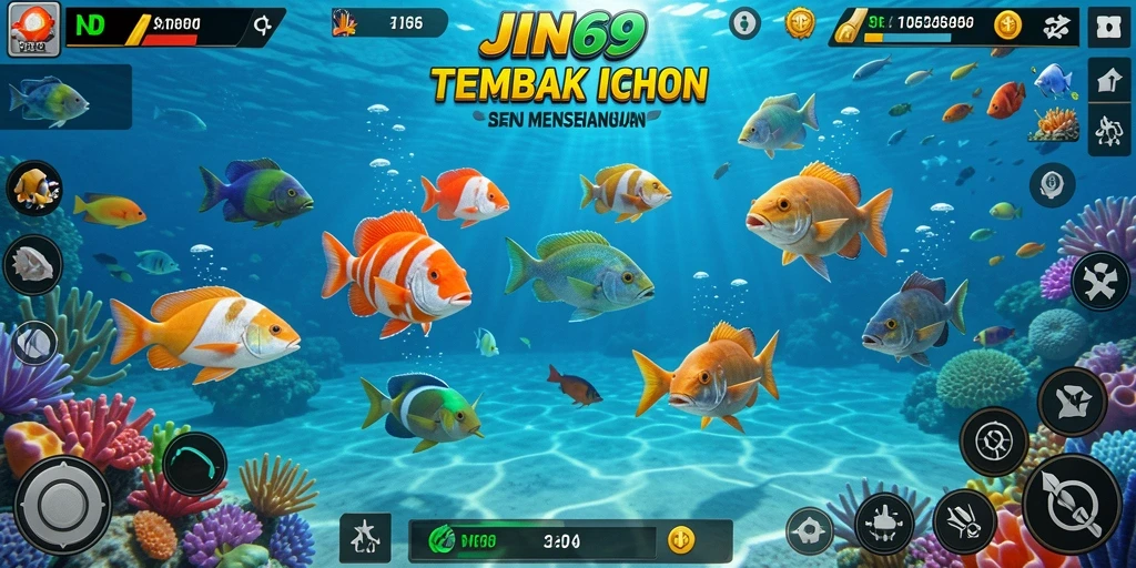Screenshot menunjukkan aksi menembak ikan yang seru di JIN69.