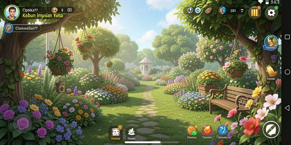 Screenshot MANDALA77 menunjukkan kebun yang subur dan aktivitas bercocok tanam.