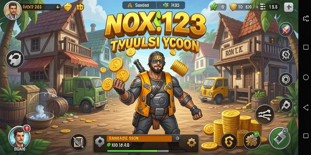 Tangkapan layar gameplay <strong>NOX123</strong> menampilkan simulasi bisnis Tycoon yang mendalam.