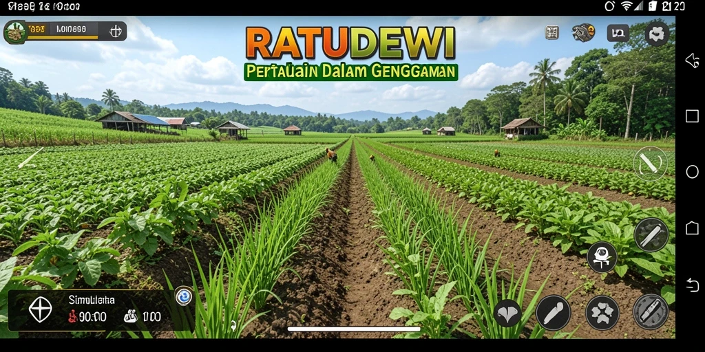 Screenshot gameplay RATUDEWI menampilkan kebun yang indah dan hewan ternak aktif.