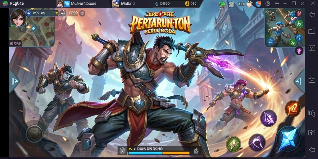 Screenshot menunjukkan pertarungan epik dalam game MOBA RP99.