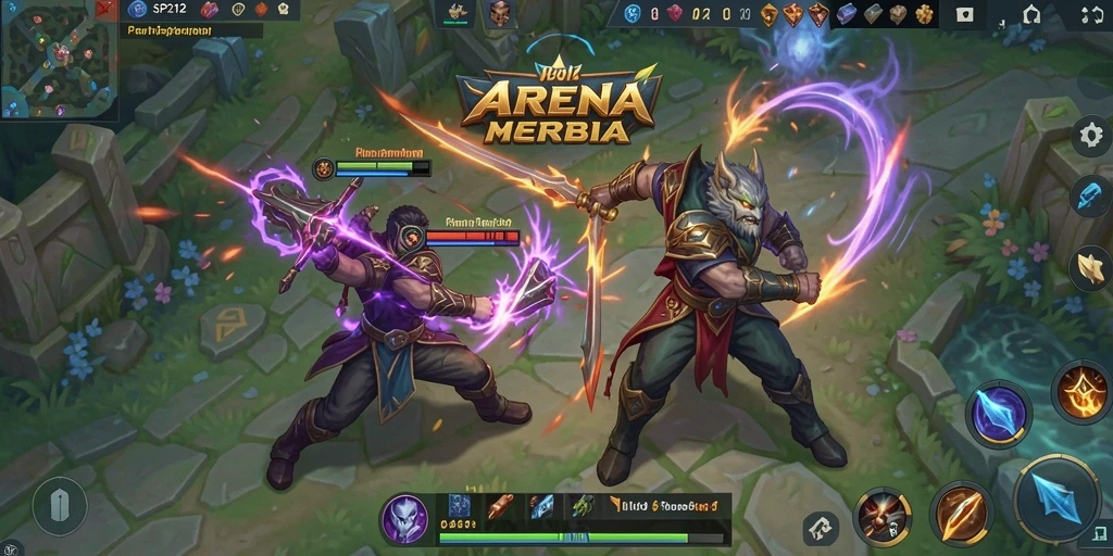 Tangkapan layar utama menampilkan pertarungan tim dalam game MOBA.