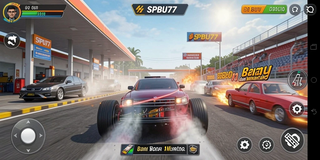 Screenshot gameplay SPBU77 dengan mobil balap yang melaju kencang.