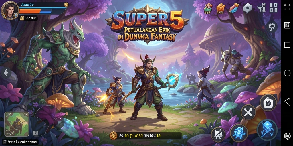 Tampilan screenshot SUPER5 menampilkan aksi pertempuran yang intens di dunia fantasi.